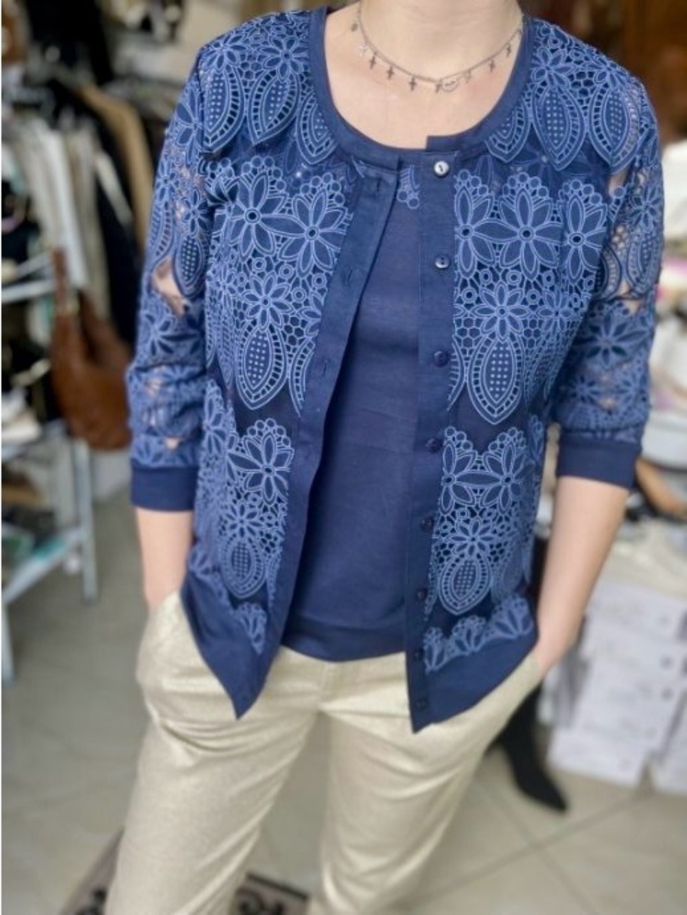 Leo & Ugo Paris Navy Blue Lace Cardigan Set Tank W Button Matching Shell M (6-8)